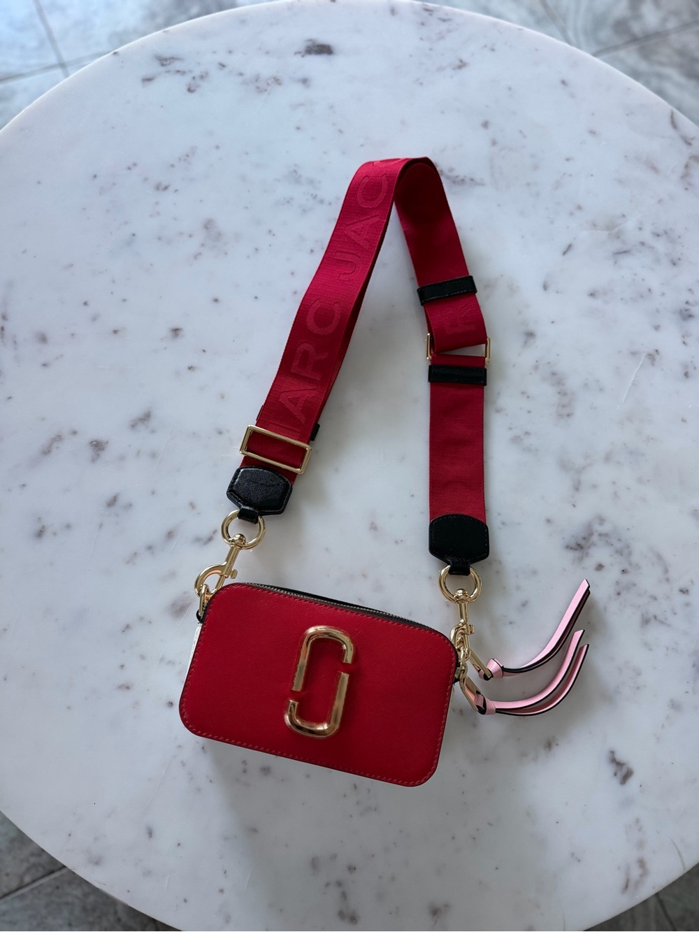 Marc Jacobs Red Camera Bag with Wide Logo Strap